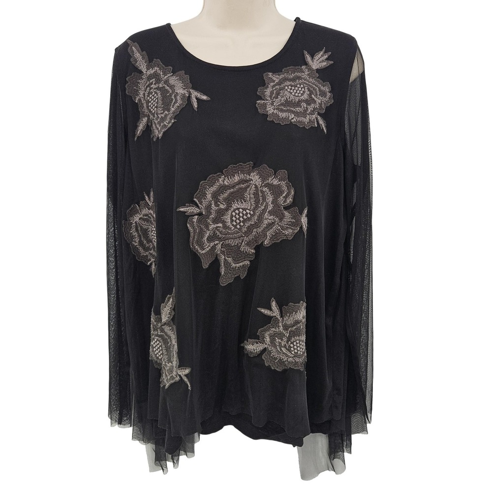 LOGO Lavish Shirt Womens XL Black Floral Tunic Sheer Whimsigoth Dark Fairy